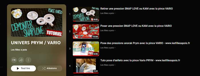 Playlist vidéo youtube sur l'univers de la pince vario prym